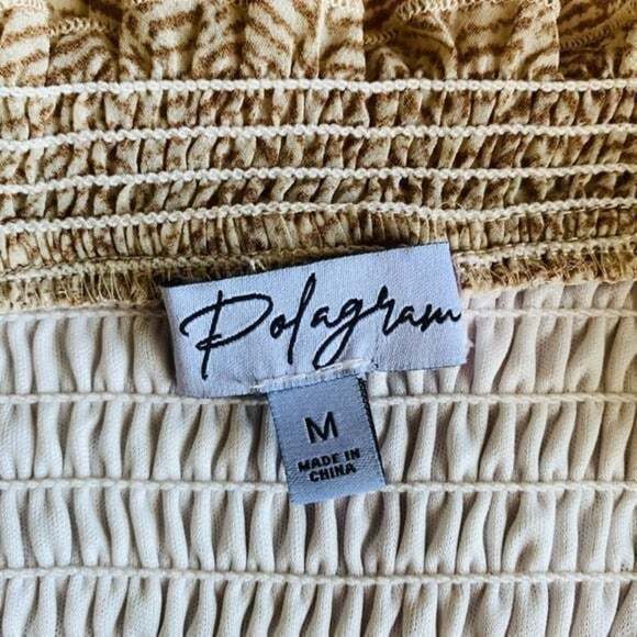 Women's Dress POLAGRAM Beige Smocked Tiered Midi Dress Rushed Sheer Boho Dress - Picture 5 of 5